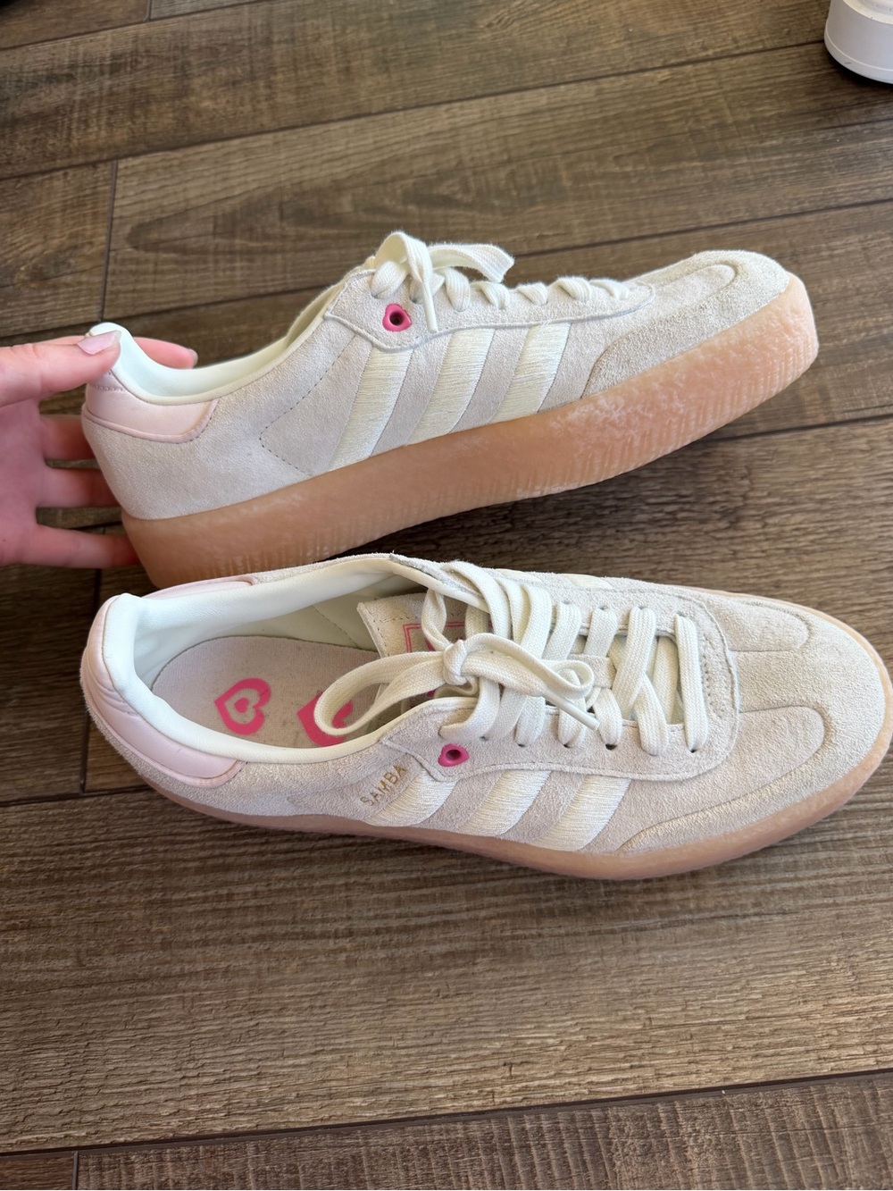 adidas Cream Suede Platform Sneakers with Pink Accents